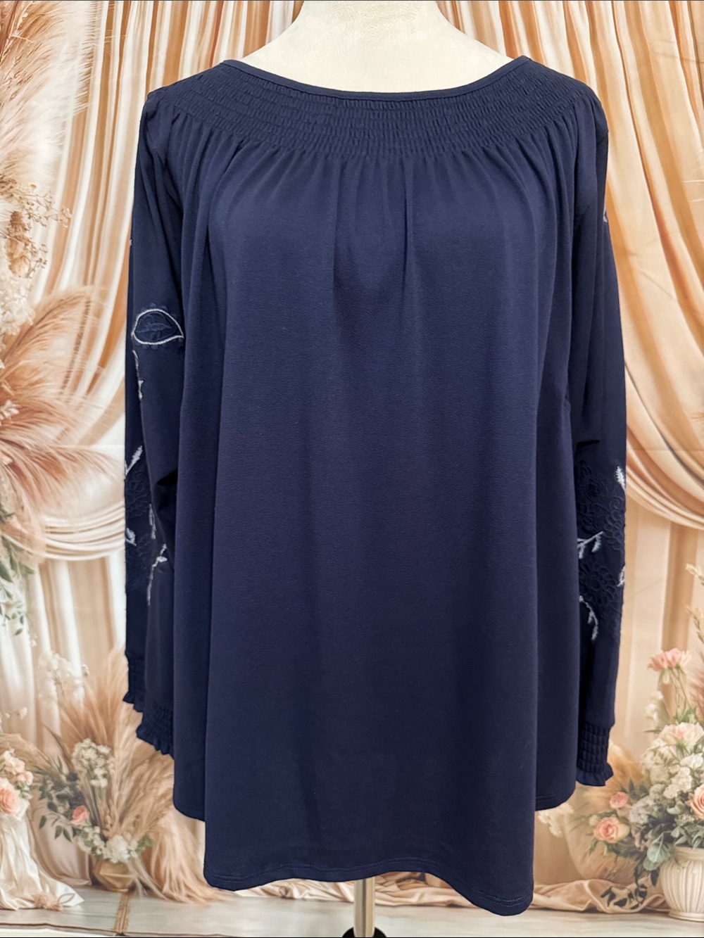 Melissa Paige Navy Blue Embroidered Sleeve Tunic